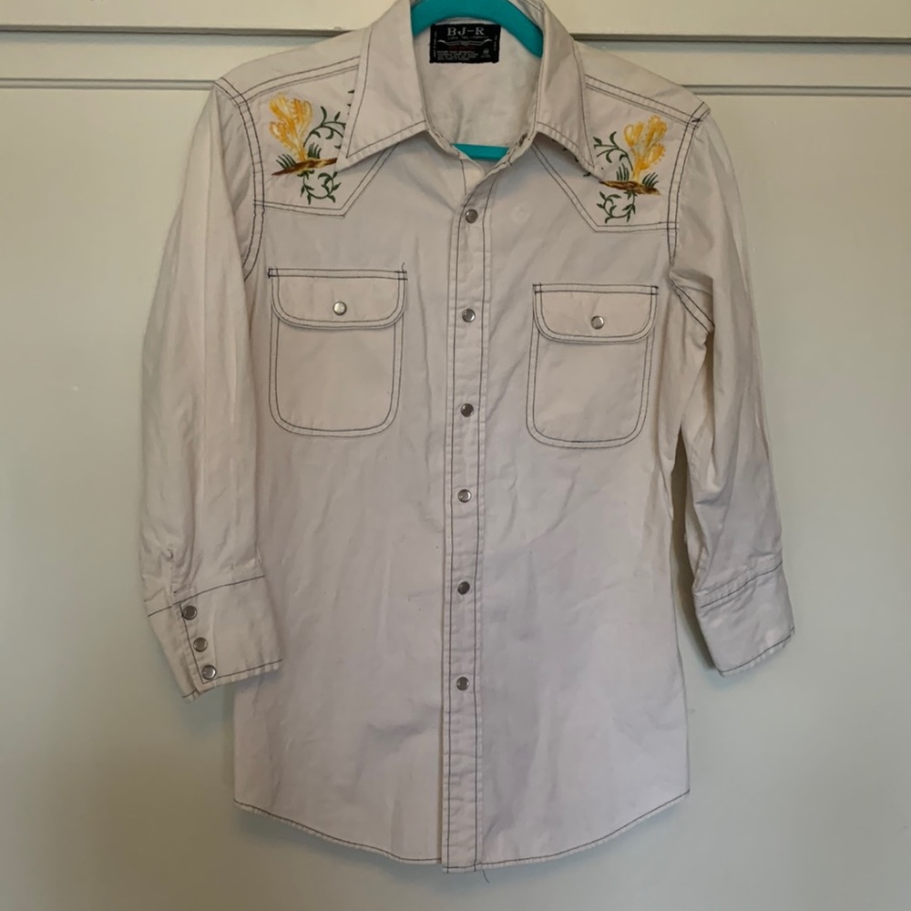 Vintage 1970s western button up 3/4 sleeve, collared shirt, cactus embroidery